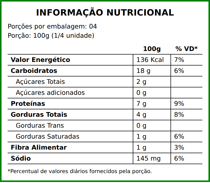 Informação nutricional do PP16