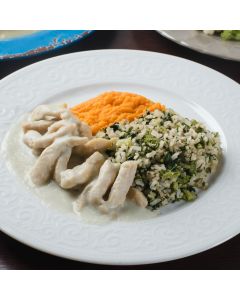 Iscas de Frango ao Gorgonzola, Purê de Cenoura e Arroz com Brócolis - 350g - Baixa Caloria 302 Kcal 