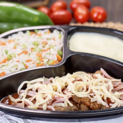 PP 07 - Fil&eacute; &agrave; Parmegiana com Pur&ecirc; de Batatas e Arroz &agrave; Grega - 450g
